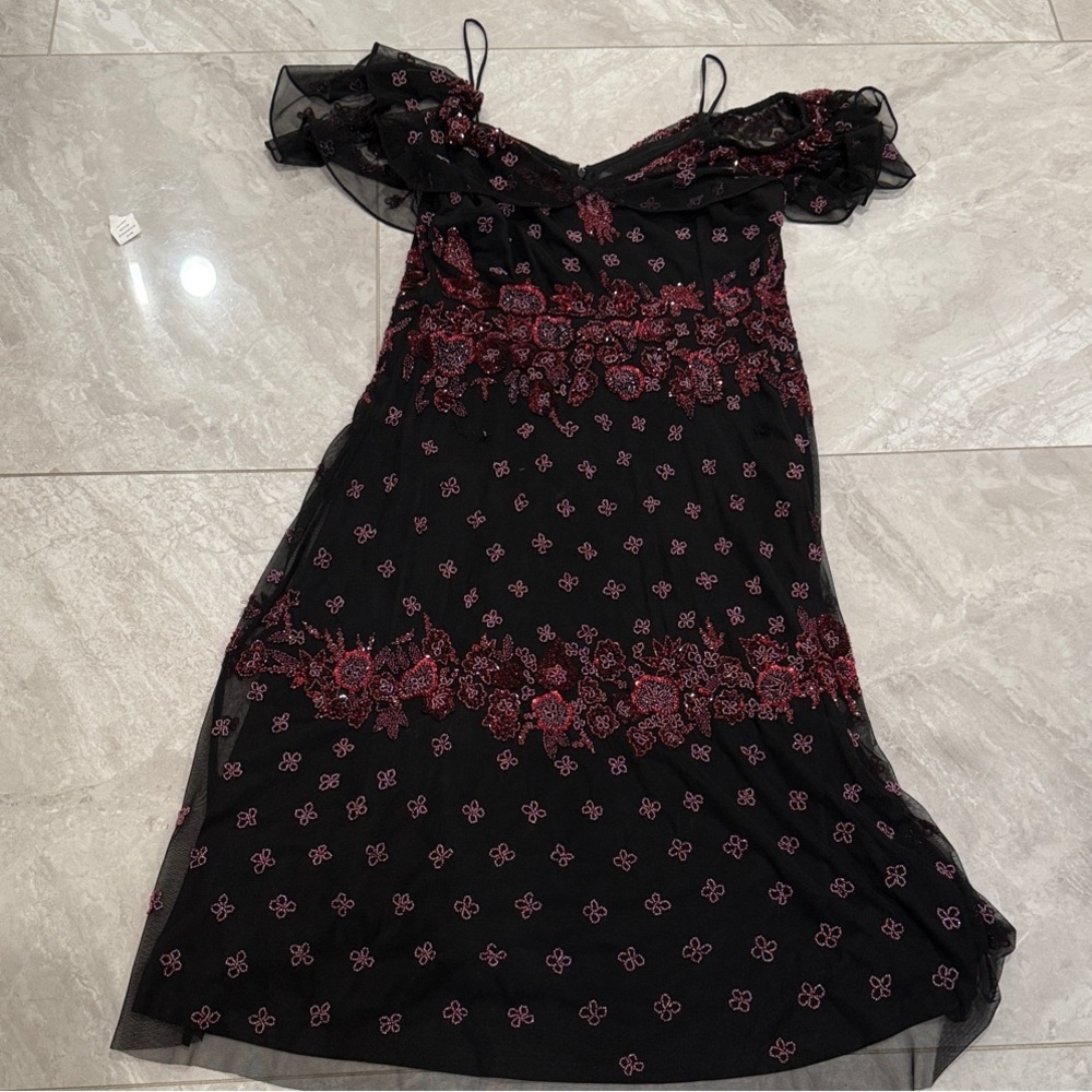 Adrianna Papell Black and Red Midi Dress with sequined